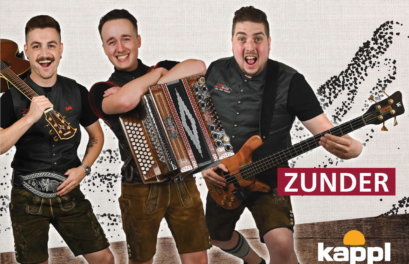 Three cheerful musicians in traditional attire stand together. They hold various instruments and smile at the camera.
