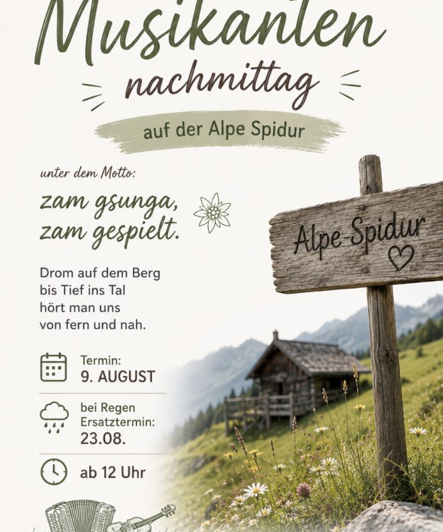 An invitation to a musical afternoon at Alpe Spidur. The event takes place on August 1 and starts at 12 p.m.