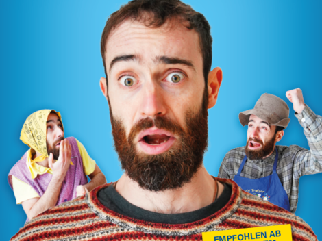 Ein Mann mit einem langen Bart und verschiedenen Gesichtsausdrücken steht vor einem blauen Hintergrund. Neben ihm sind weitere Figuren in verschiedenen Outfits zu sehen.