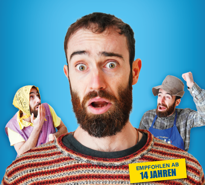 A man with a long beard and various facial expressions stands against a blue background. Next to him, there are other figures in different outfits.