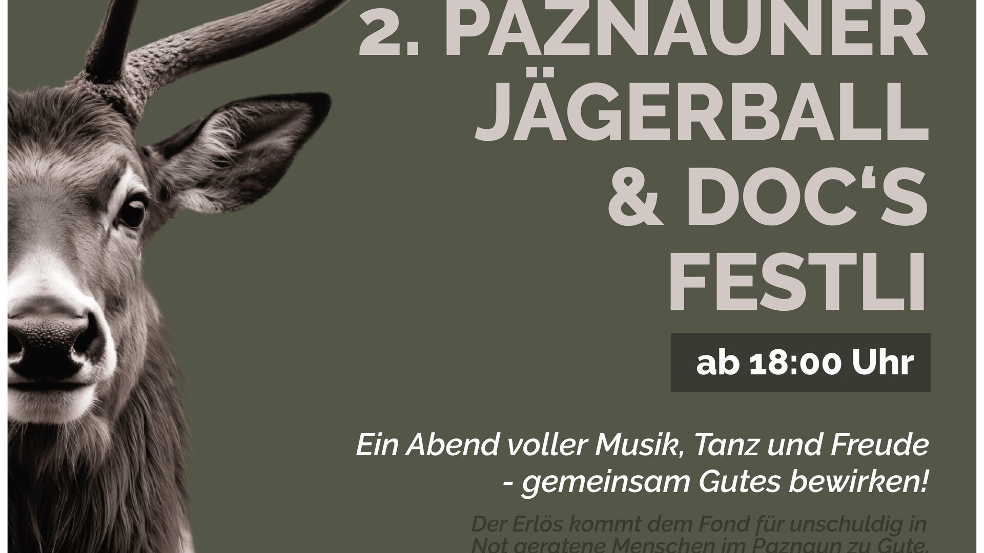 A poster for the 2nd Paznaun Hunter's Ball and Doc's Festli on 21.11.2026. It features a stag motif and announces an evening full of music and dance.