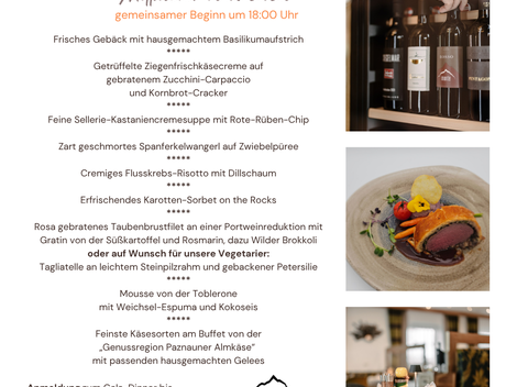 Ein elegantes Gala-Menü und eine Weinverkostung werden beworben. Das Bild zeigt eine ansprechende Zusammenstellung von Speisen und Weinen in einer festlichen Umgebung.