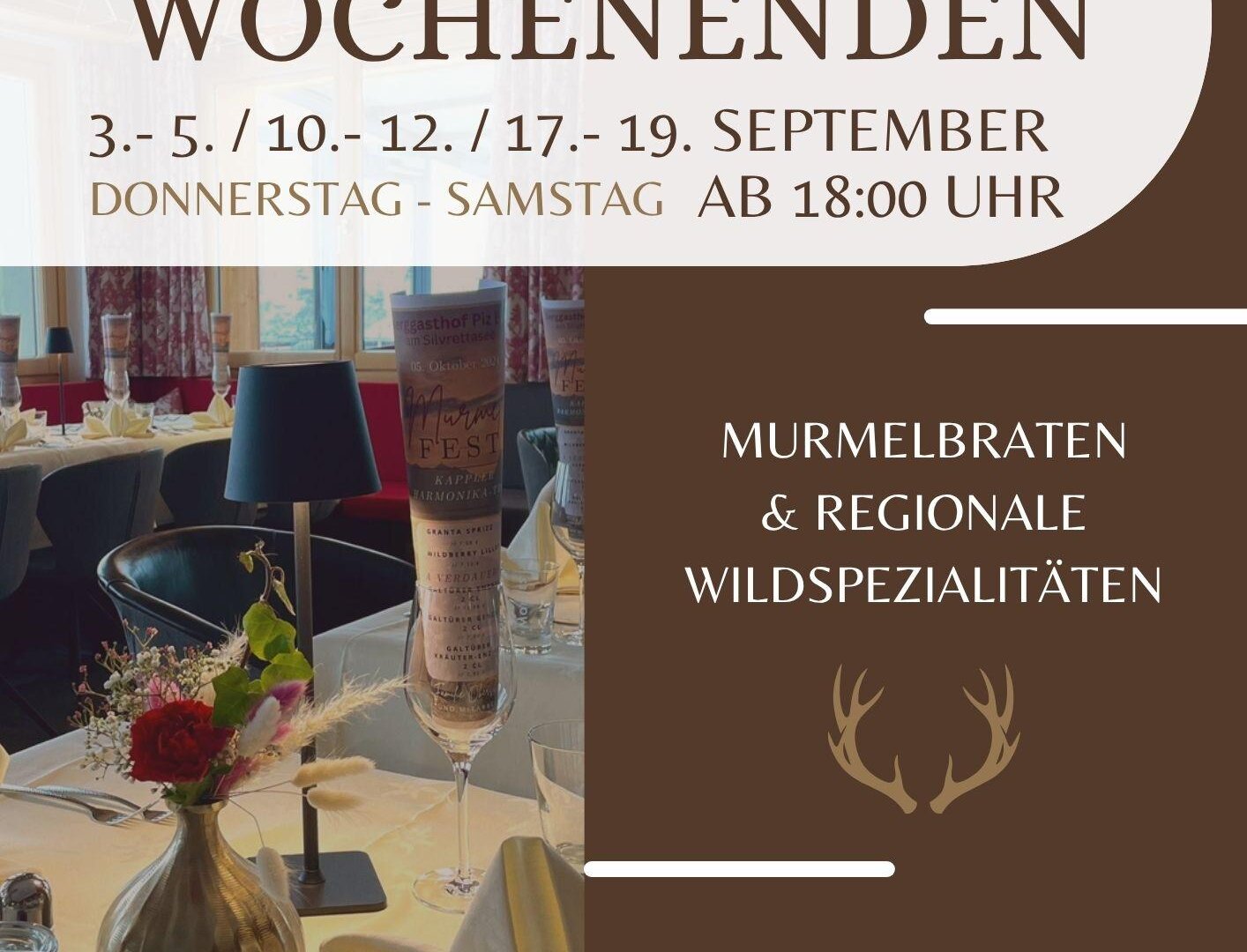 An inviting poster for the marble weekends at the mountain inn Piz Buin. It provides information about special dishes and reservation options.