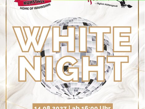 A poster for the "White Night" featuring a glitter ball and a white background. It contains information about the date, time, and dress code.