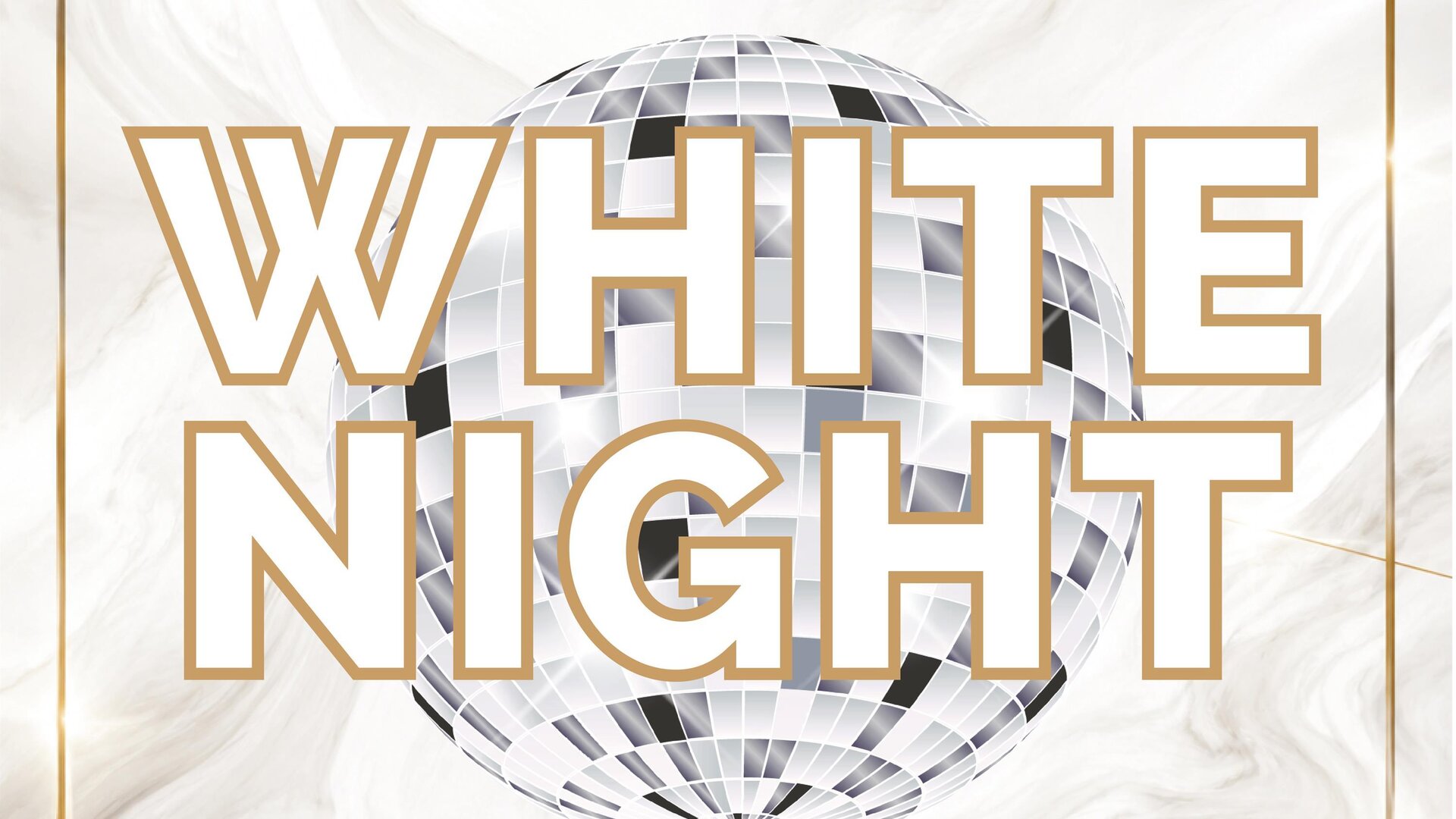 A poster for the "White Night" featuring a glitter ball and a white background. It contains information about the date, time, and dress code.