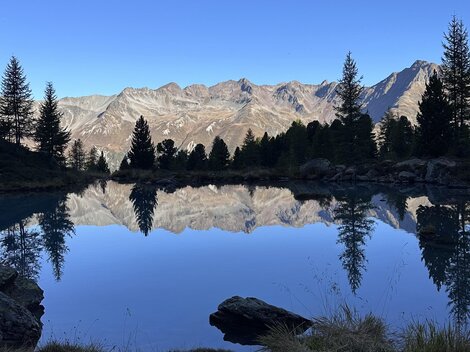Ein ruhiger Bergsee umgeben von Tannen und Bergen. Die Reflektionen sorgen für eine malerische Aussicht unter einem klaren blauen Himmel.