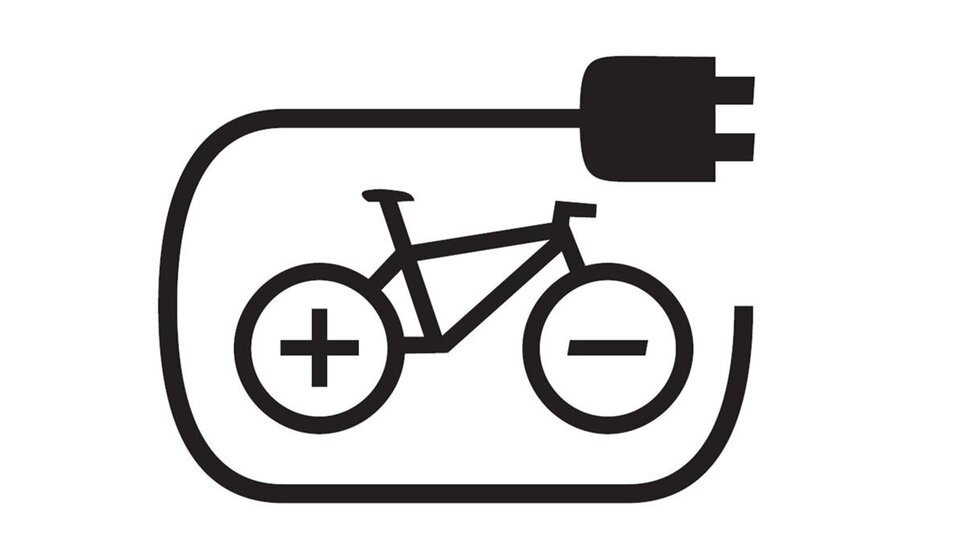 A symbol for an electric bicycle with a charging connection. It shows a bike with a plus and minus sign as well as a cable.