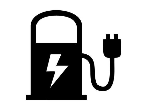 A stylized electric charging station with a lightning symbol. A cable with a plug is connected.