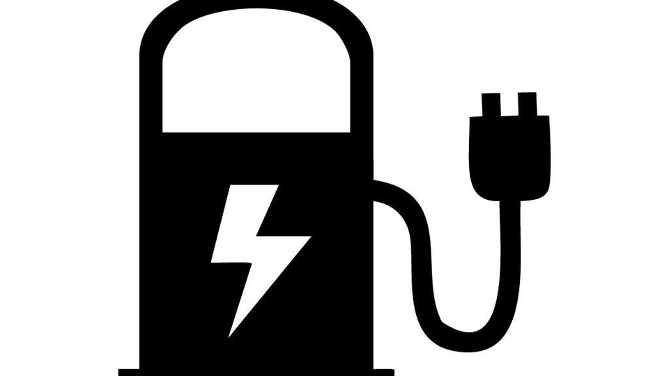 A stylized electric charging station with a lightning symbol. A cable with a plug is connected.