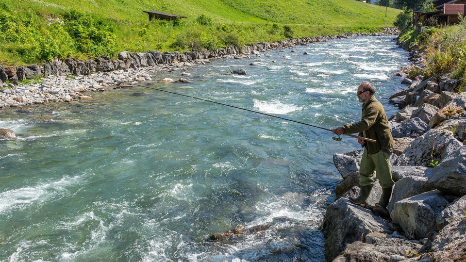 A man is fishing at a clear, flowing river. Surrounded by green meadows and trees, the landscape offers a serene natural backdrop.