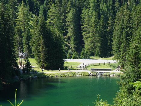 A tranquil lake surrounded by dense forests. In the background, there are walkers and a green meadow.