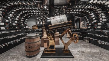 A stylish wine cellar with many shelves full of wine bottles. In the foreground, there is a large wine bottle on an elegant stand next to a wooden barrel.