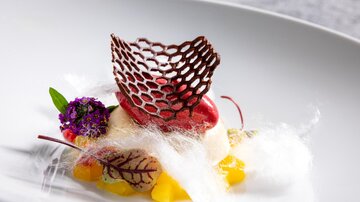 An artfully arranged dessert on a white plate. It contains a combination of ice cream, fruits, and edible decorations.