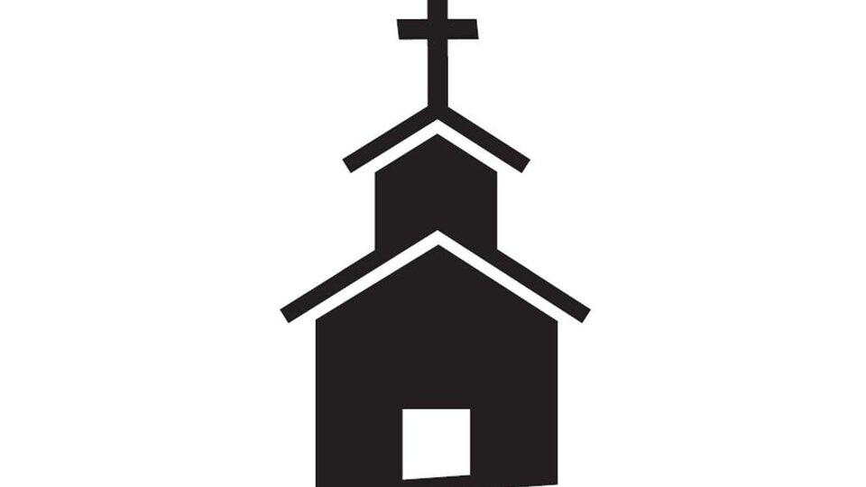 A stylized church with a cross on the roof. The design is simple and modern.