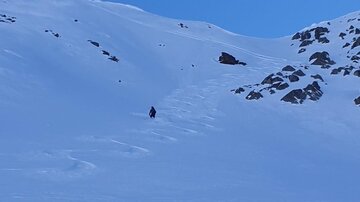 A single person is wandering through a snow-covered landscape. Rocks and gentle hills are visible in the background.
