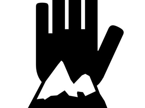 A stylized hand with mountain motifs inside. The image symbolizes outdoor activities and adventure.