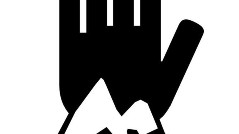 A stylized hand with mountain motifs inside. The image symbolizes outdoor activities and adventure.