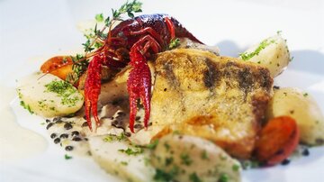 A deliciously arranged dish with fish, a crustacean side, and vegetable elements. It is garnished with herbs and appears appealing and fresh.