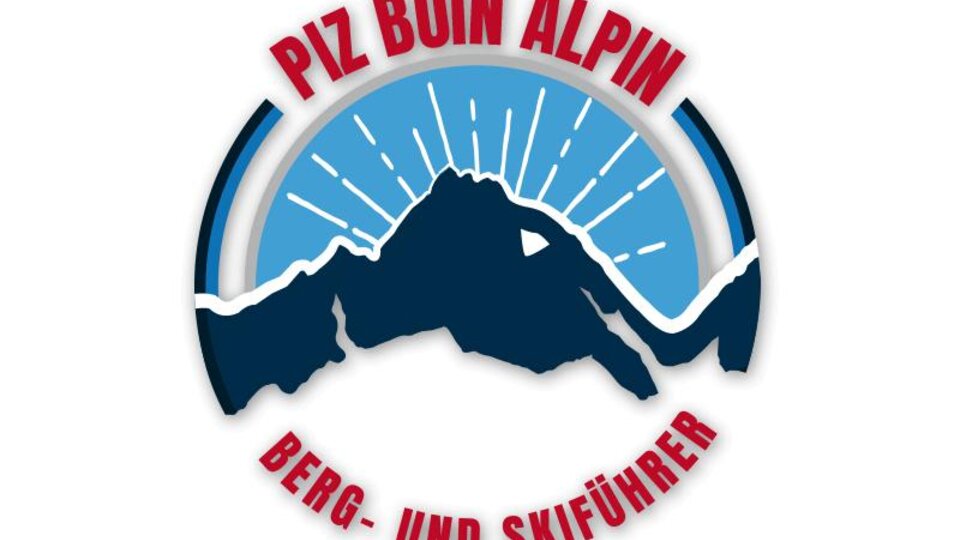 A logo of Piz Buin Alpin featuring a stylized mountain and sun rays. The text around the logo provides information about mountain and ski tours.
