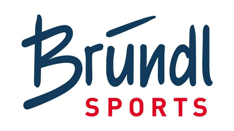 Ein Logo der Marke Bründl Sports. Es zeigt den Schriftzug in blauer und roter Farbe.