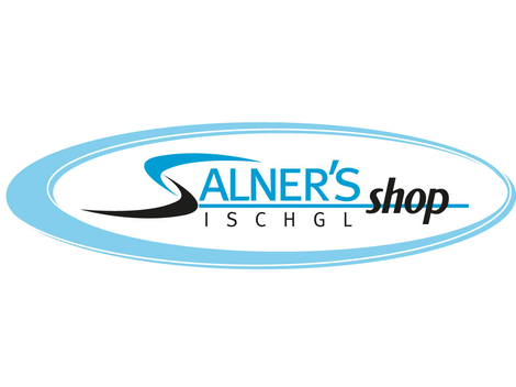 Ein modernes Logo von Salner's Shop, präsentiert in stilvollen blauen und schwarzen Farben. Es ist mit dem Standort Ischgl verbunden.
