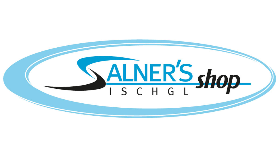 Ein modernes Logo von Salner's Shop, präsentiert in stilvollen blauen und schwarzen Farben. Es ist mit dem Standort Ischgl verbunden.