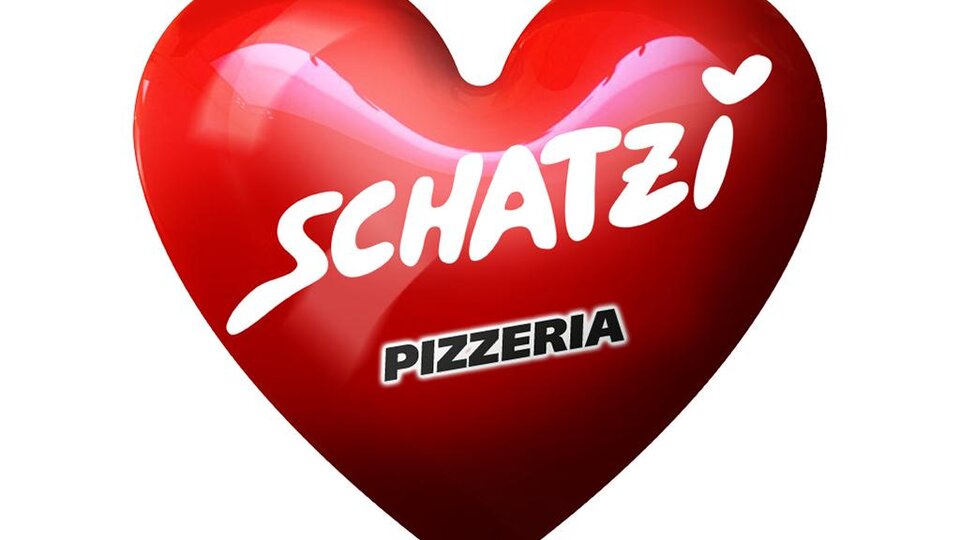 A red heart with the inscription "SCHATZI" and "PIZZERIA". The design is friendly and inviting.