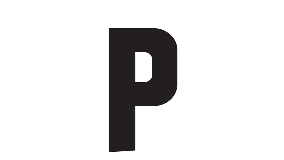 A simple and modern logo featuring a large, black letter "P". The letter has a clear, minimalist shape.