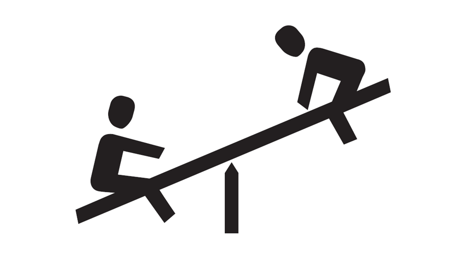 Two figures on a seesaw balancing against each other. The scene symbolizes play and interaction between children.