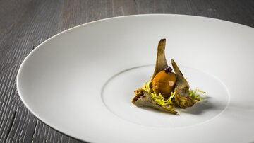 Ein kunstvoll angerichteter Teller mit einer kleinen Portion von elegantem Essen. Die Präsentation zeigt eine Mischung aus verschiedenen Zutaten auf einem weißen Teller.