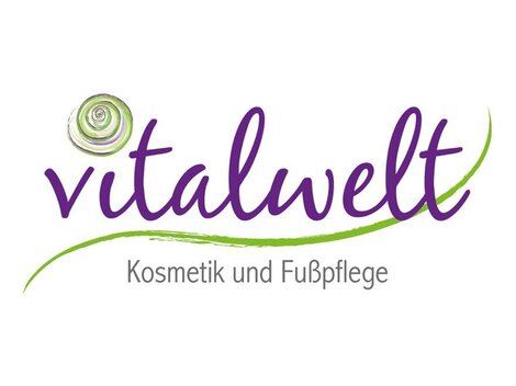 A logo of "vitalwelt" with the slogan "Cosmetics and Foot Care". The font is in purple with a green accent and a spiral.