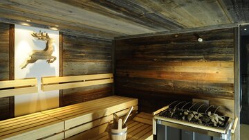 A modern sauna interior with wood paneling and benches. In the background, there is a stylized representation of a reindeer.