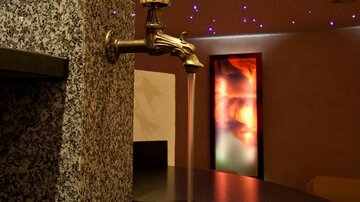 An elegant brass faucet that allows water to flow into a modern granite washbasin. In the background, gentle lighting can be seen, creating a relaxing atmosphere.
