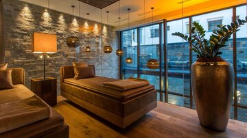 Ein stilvolles Spa mit gemütlichen Liegen und warmem Licht. Große Fenster bieten einen Blick nach draußen und eine grüne Pflanze sorgt für eine entspannte Atmosphäre.
