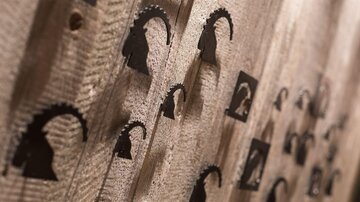 Eine Holzoberfläche mit mehreren schwarzen Silhouetten, die einen Kopf mit einem Geweih darstellen. Die Figur ist in verschiedenen Größen und Abständen angeordnet.