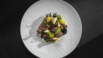 An artistically arranged dish on a white plate. It contains meat, vegetables, and various side dishes that are attractively arranged.