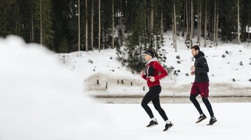 Two people are walking in the snow in front of a forest backdrop. The landscape is wintry, and the trees are covered with snow.