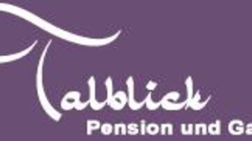 An elegant logo for the guesthouse and inn "Talblick". The text is in white on a purple background.