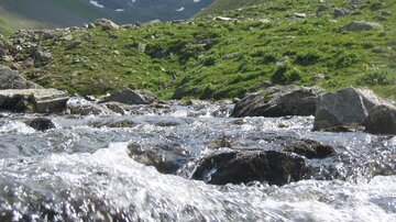 A clear mountain river flows over smooth stones. In the background, green meadows and snow-capped mountains can be seen.