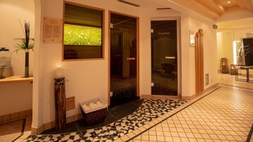 An inviting wellness area with two doors and a modern, minimalist design. The floor is adorned with decorative tiles and there are some plants for decoration.